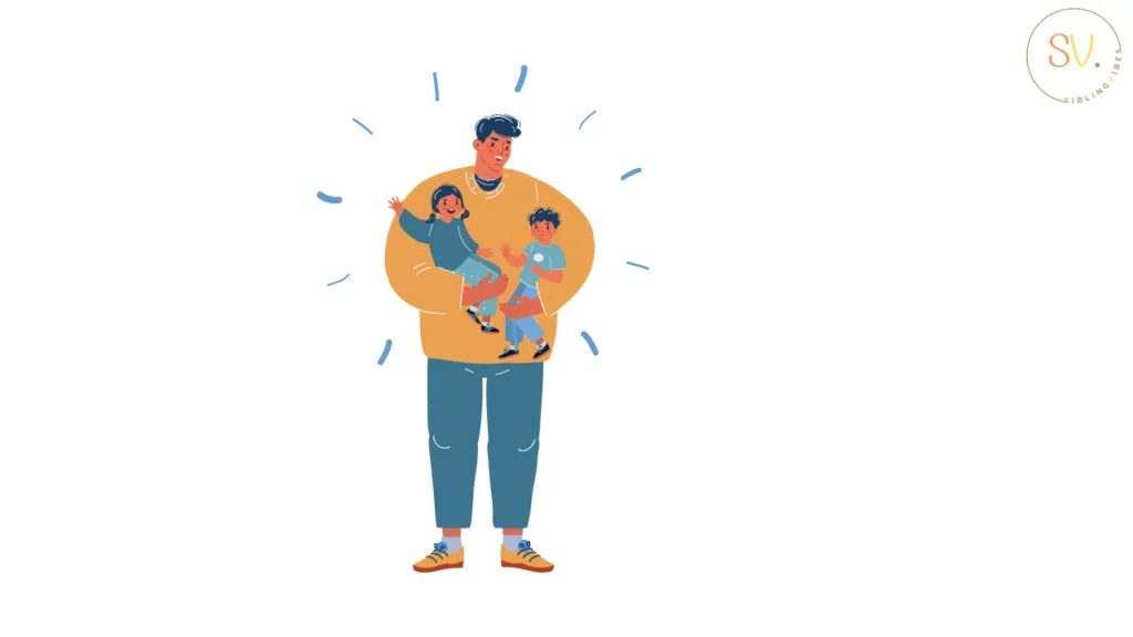 Dad is holding his two children